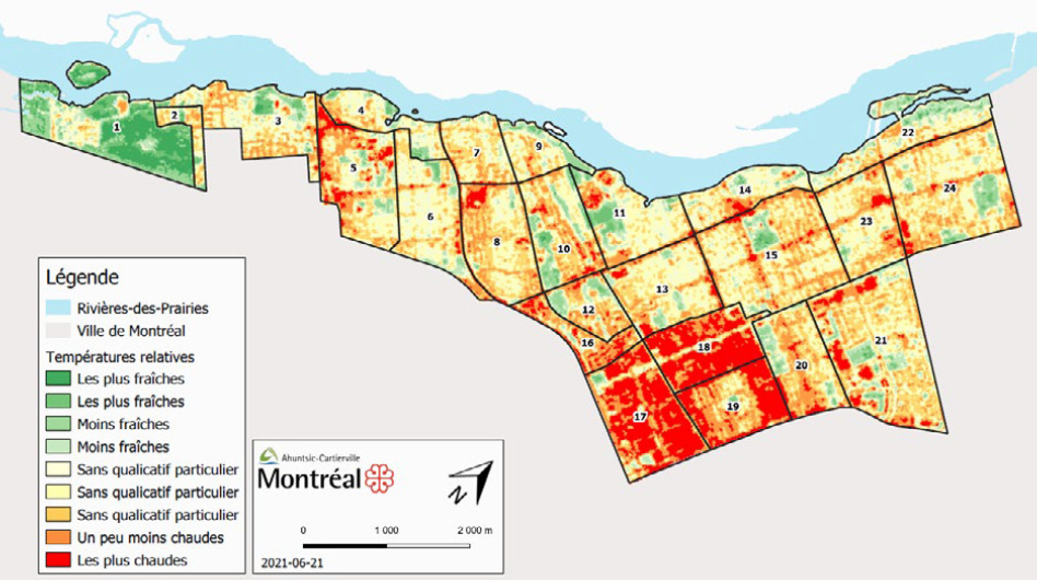 Carte des îlots de chaleurs à Montréal 